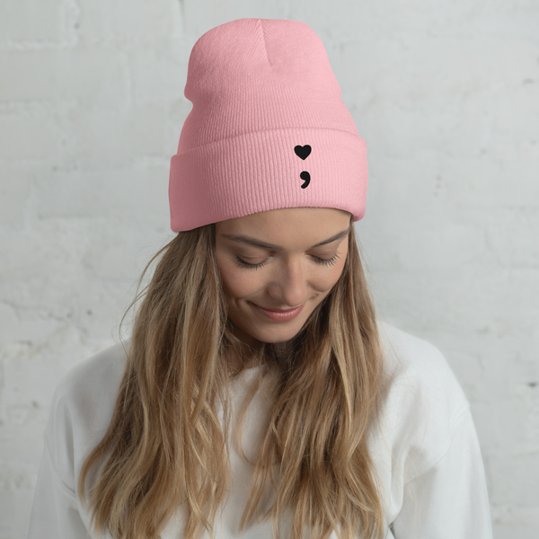 Heart semi-colon (this isn't the end) Embroidered Cuffed Beanie