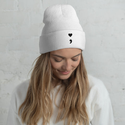 Heart semi-colon (this isn't the end) Embroidered Cuffed Beanie
